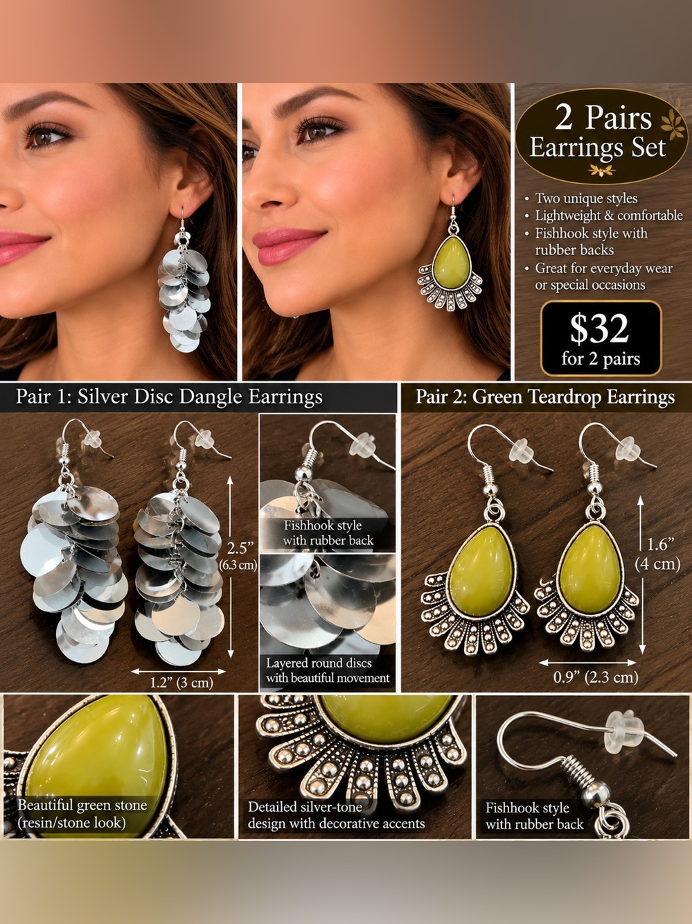 Set of 2 Women’s Earrings — Silver Disc Dangle & Green Teardrop